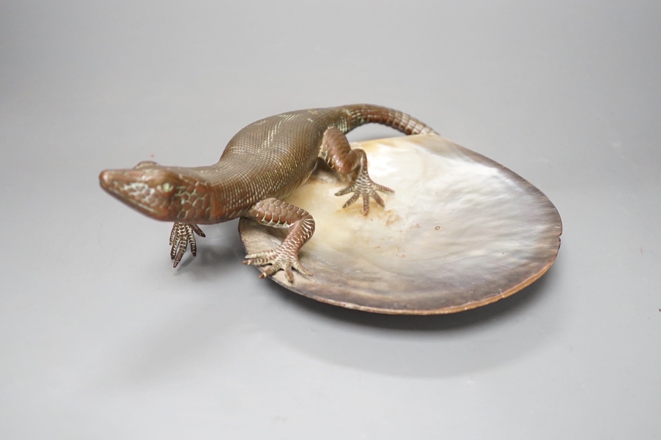 A late 19th century Japanese bronze 'lizard' and mother of pearl dish, 26cm